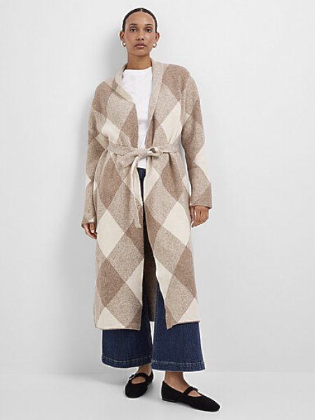 Line-Geometric jacquard long belted cardigan